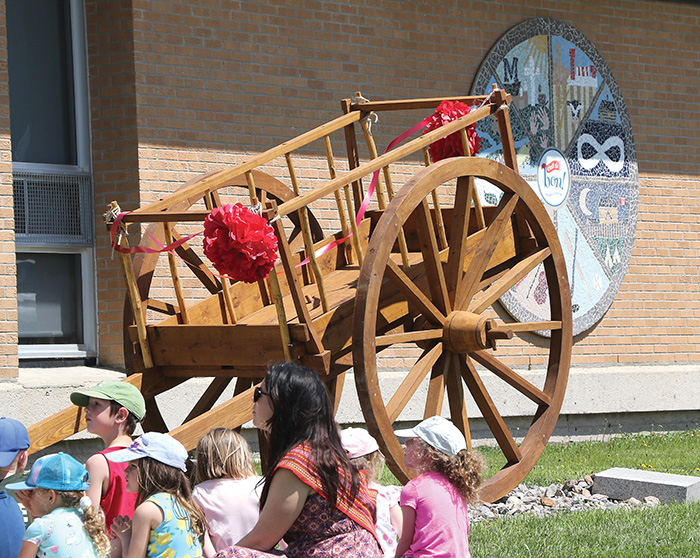 The Red River cart symbolizes a mode of transportation that Mtis used to transport cargo to and from, the Red River Settlement all across the North West. The cart was built with no nails and was constructed solely with wood. 